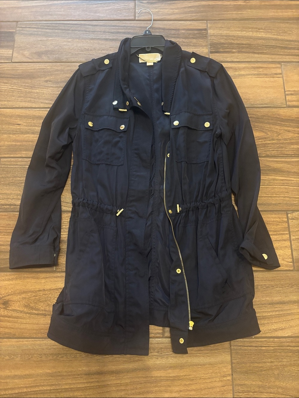 Michael Kors Navy Utility Rain Jacket with Drawstring Waist and Gold Accents